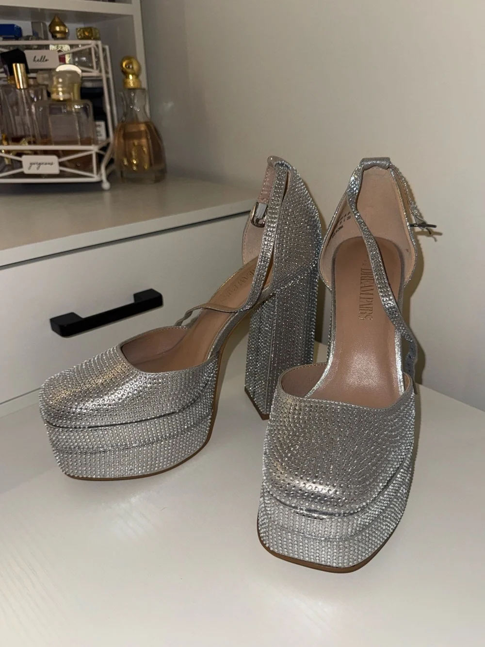 Dream Pairs Silver Crystal Platform Heels with Ankle Strap - Size 8